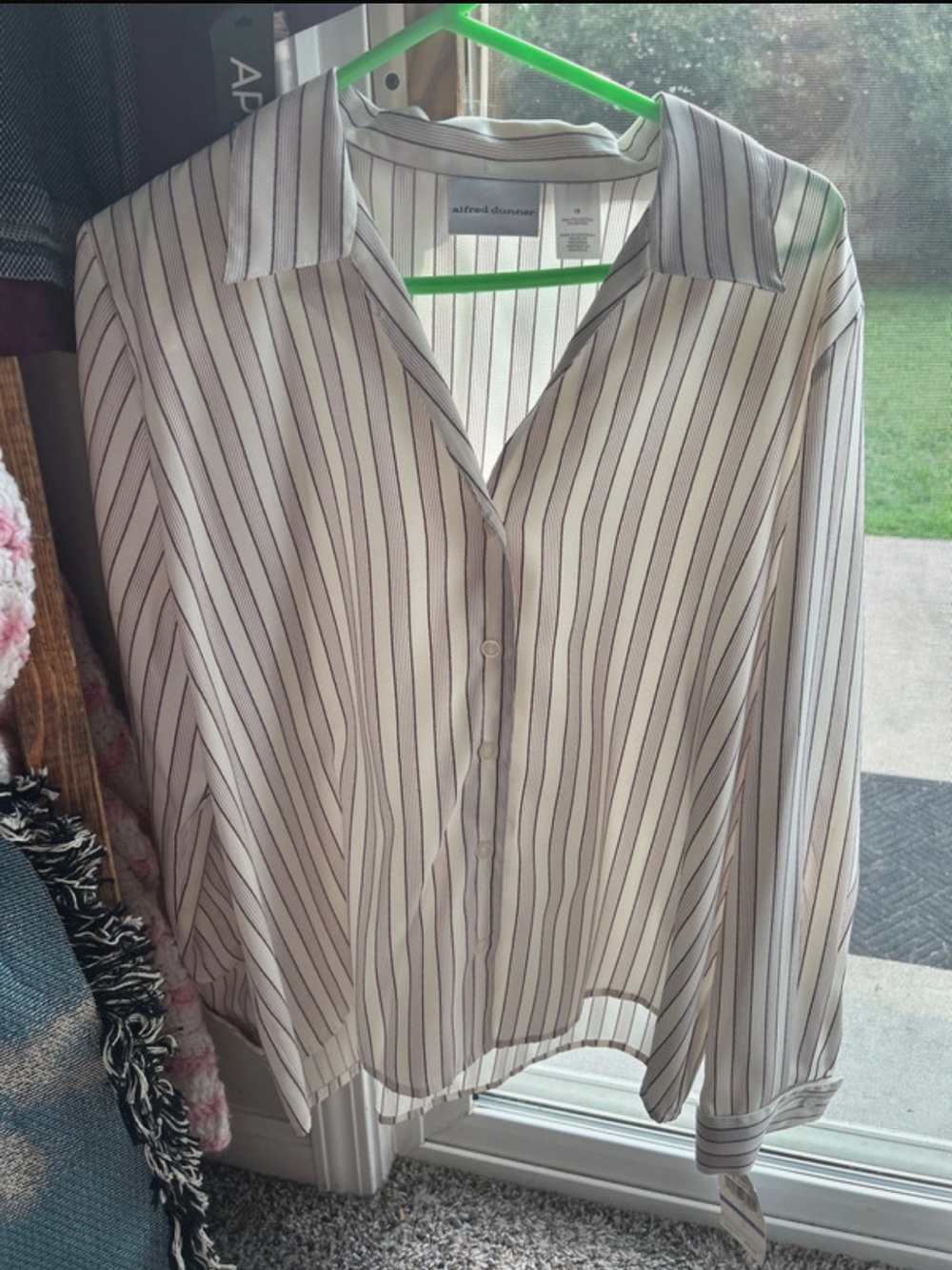 Alfred Dunner Cream and Black Vertical Stripe Button-Down Shirt